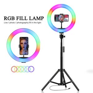 Lichten selfie ringlicht 10 inch rgb fotografie led rand van lamp met mobiele houder ondersteuning statief stand ringlight voor live video