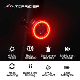 Lichten Smart Sensor Brake Bicycle Tail Light High Zichtbaarheid Fiets achterlamp IPX6 Waterdichte LED -opladen achterlichten voor nachtfietsen 0202