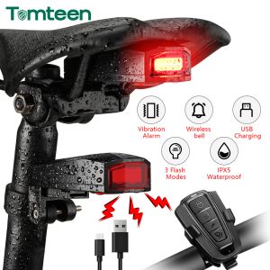 Lumières Tomteen Bicycle Light Antift Alarme de vol sans fil Sentiment Auto Senture de frein à télécommande USB Bike Taillight Horn Lamp Alarm