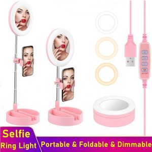 Lichten Universal draagbare selfie vulring licht 6 inch dimable led light camera telefoon opvouwbaar statief voor make -up video live studio