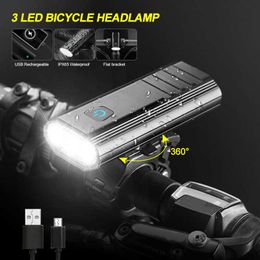 Luces Impermeable 3 LED Luz delantera para bicicleta 4 modos USB Lámpara de bicicleta recargable Antorcha de batería incorporada de 5200 mAh con 2 tipos de montaje 0202