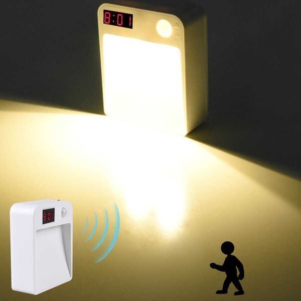 Lumières sans fil alimenté par batterie LED lumière capteur de mouvement corps humain horloge à induction lampe de nuit pour chambre armoire escaliers AA230426