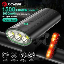 Lights Xtiger Bike Light USB RECHARGable LED Lampe de poche étanche à la lampe avant AFFRANT 1500 LM As Banque de puissance Lumière de queue de lumière