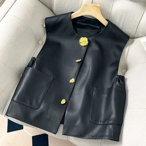 Débardeur en cuir de luxe léger pour femmes 2024 printemps/été nouveau Design de mode sens noir Cardigan sans manches haut pour femmes 240216