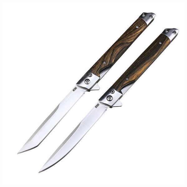 Couteau de poche tactique léger avec manche en bois coloré, couteaux pliants de Camping EDC avec gaine en cuir