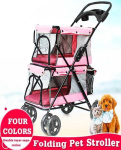 Lichtgewicht draagbare 4 -wiel vouwen Doublelager Pet Stroller voor 2 honden met grote ruimte dubbele kattenwagens Outdoor Travel9204248