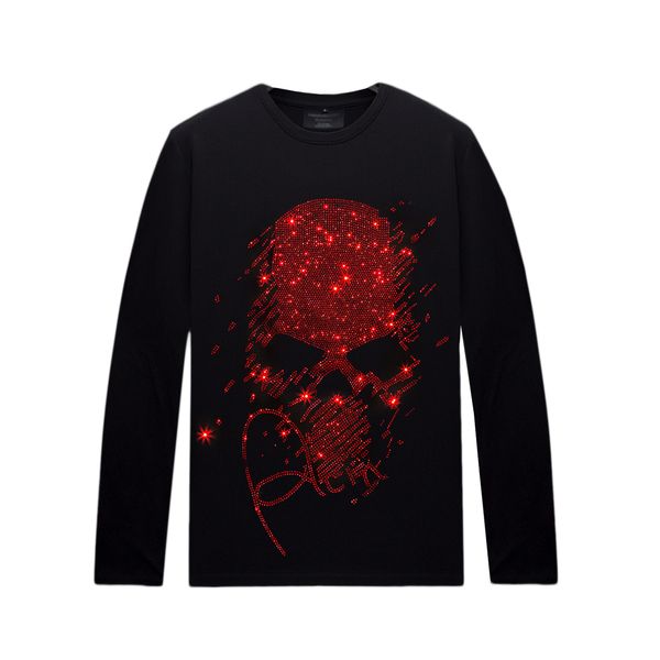 Chemises légères à manches longues avec strass pour hommes avec motifs - Printemps Automne Hauts à col rond Femme Mélange de coton Unisexe Noir