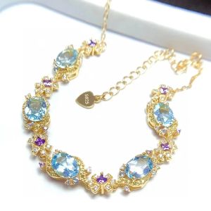 Bracelet en argent topaze bleu clair, 5mm x 7mm, 3,5ct, topaze naturelle avec 3 couches, plaqué or 18 carats, bijoux en pierres précieuses