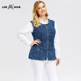 LIH HUA Dames Plus Size Casual Denim Vest Stockinet Hoge Flexibiliteit Casual Jeans Vest 210817