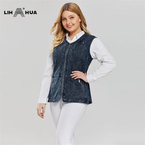 LIH HUA Dames Plus Size Casual Denim Vest Stockinet Hoge Flexibiliteit Casual Jeans Vest Gebreide Denim OL-stijl 210817