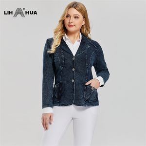 LIH HUA femmes grande taille décontracté mode Busine Denim costume Premium Stretch tricoté Denim Slim Fit Denim veste 201023
