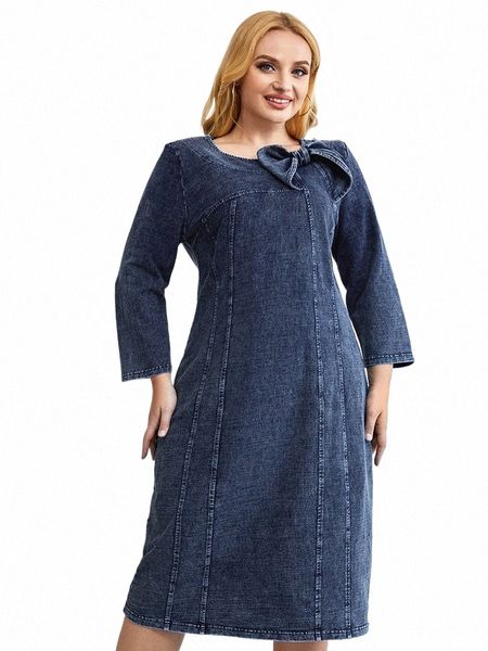 lih HUA Femmes Plus Size Denim Dr Automne Chic Élégant Dres Pour Femmes Chubby Cott Tricoté Bow Noeud Dr I7Be #