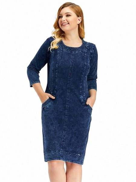 lih HUA Femmes Plus Taille Denim Dr Col Rond Automne Chic Élégant Dres Pour Femmes Chubby Tricoté Cott Dr T4yF #