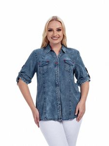 Lih HUA Dames Plus Size Denim Overhemd Lente Fi Elegant Overhemd Voor Mollige Dames Geweven Cott Overhemd K4V6#