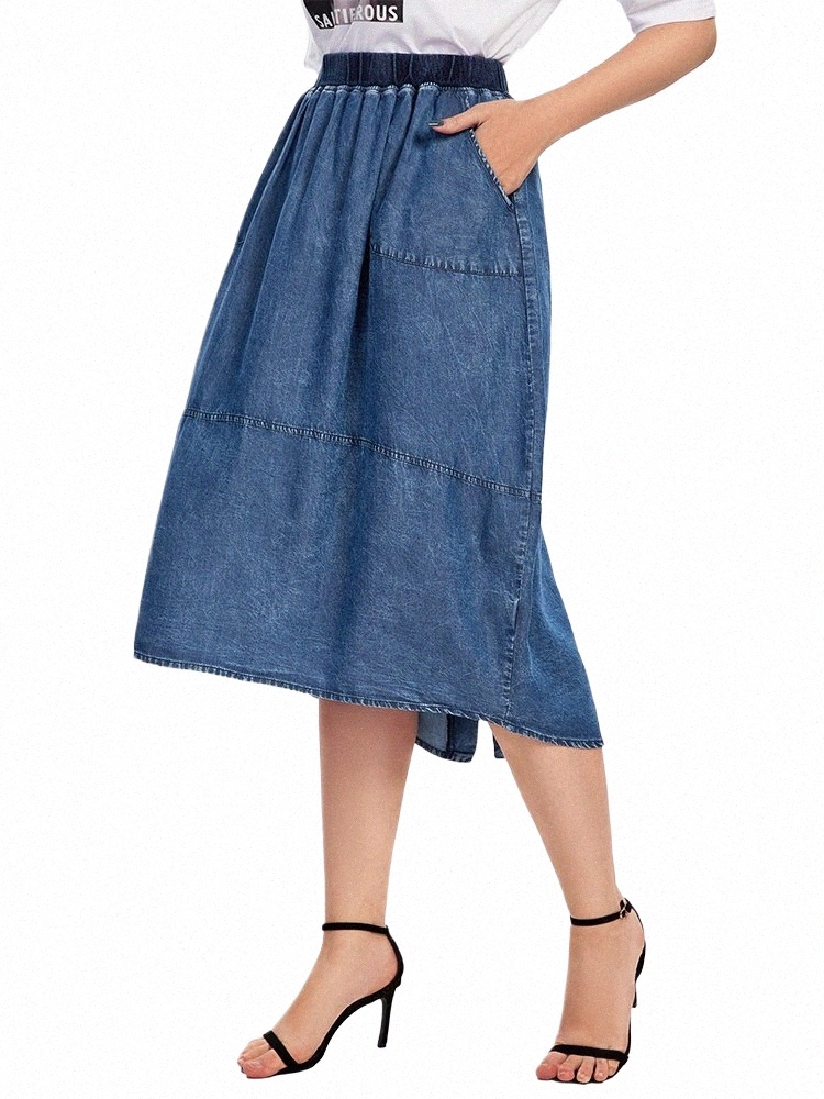 lih HUA Femmes Plus Size Denim Jupe Printemps Chic Jupe élégante pour les femmes potelées Cott Jupe tissée s3LX #