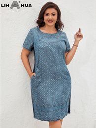 Lih Hua Womens Plus Taille Robe Denim Summer Chic Elegant for Chubby Woven Cotton 240417