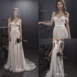 Lihi Hod Une Ligne Dentelle Plage Robes De Mariée Sur L'épaule Bohème Robes De Mariée Appliqued Balayage Train Paillettes Boho Robe De Mariee