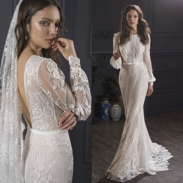 Lihi Hod Sirena Vestidos de novia sin espalda Bateau Neck Mangas largas Vestidos de novia Sweep Train robes de mari￩e