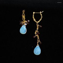 Lii Ji grenat opale cristal 925 argent Sterling plaqué or boucles d'oreilles asymétriques pierre naturelle bijoux faits à la main pour les femmes cadeau Dangle Chande