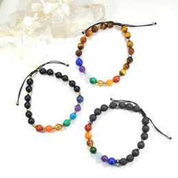 Lii Ji Natural 7 Chakras Turmalina Negra Lava Ojo de Tigre Pulsera ajustable de 8 mm para joyería masculina 240313