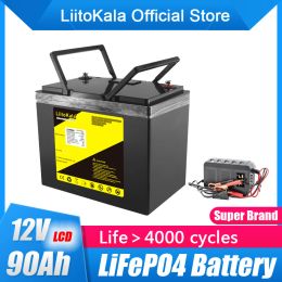 Liitokala 12.8V 90AH LIFEPO4 Banque d'alimentation 90000mAh Batterie Pack Deep Cycle BMS intégré pour le bateau de pêche solaire Moteur de pêche à la traîne