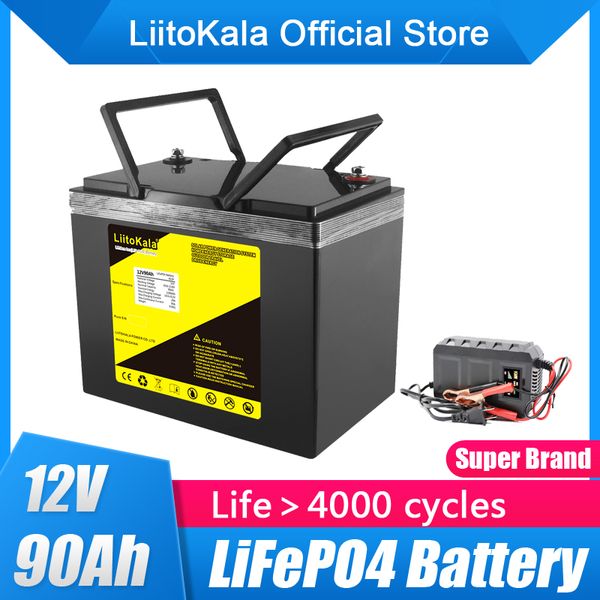 LiitoKala Batería LiFePO4 de 12 V, 90 Ah, batería de litio de 12,8 V, 4000 ciclos para vehículos recreativos, campistas, carritos de golf, todoterreno, viento solar fuera de la red/cargador de 14,6 V 20 A