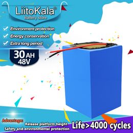 Liitokala Grade A 48V 30AH LIFEPO4 Batterij met 30A BMS, 58.4V Lader oplaadbaar voor 1200 W elektrische fietsomvormer golf elektrische fiets scooter batterij