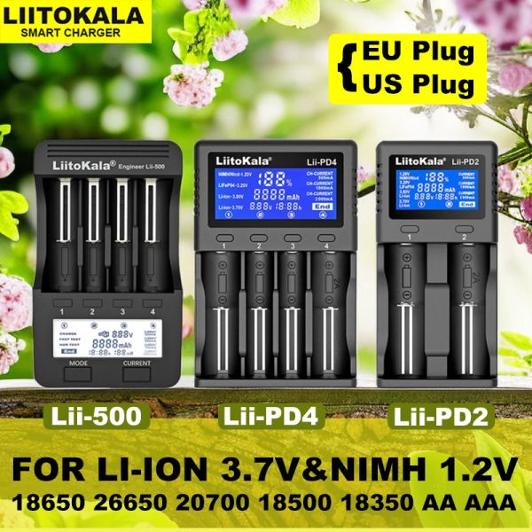Liitokala Li-500 PD4 PD2 Cargador de batería recargable, 3.7V 18650 18350 18500 20700 26650 1.2V NIMH LI-IOM AA Cargador