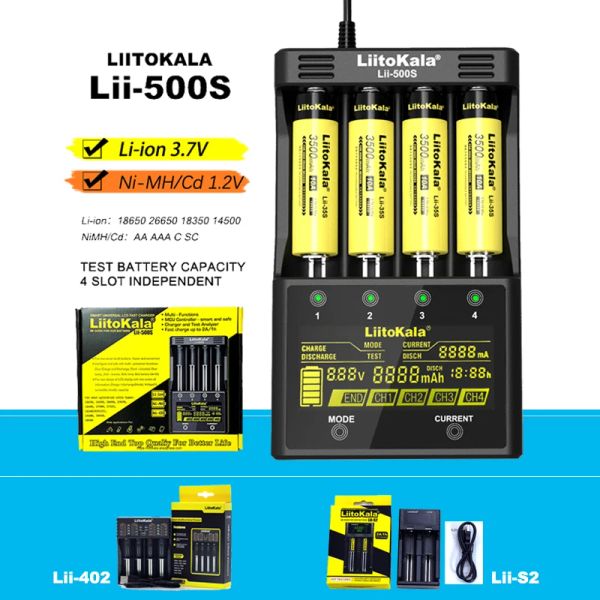 Liitokala Lii-500S S2 402 Chargeur de batterie au lithium Nimh, 3,7V 18650 18350 18500 17500 21700 20700 26650 1.2V AA Charger