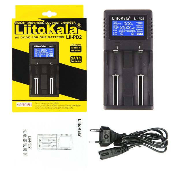 Chargeur de batterie Liitokala Lii-PD2 en gros de LII-PD2 Chargeur Inteligent Mod Double fente avec écran LCD pour 18350 18550 18650 16650 Batteries Li-ion Ni-MH Batt