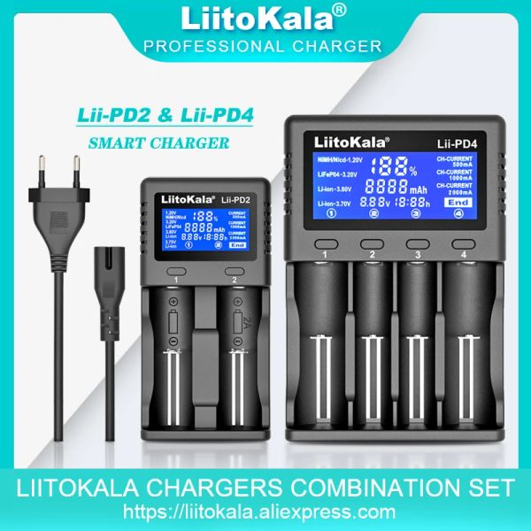 Liitokala lii-pd4 lii-pd2 3.2v 1.2v 3.8v 3.7V 18650 Chargeur de batterie DÉCLAUX LCD 18490 21700 26650 20700 AA AAA etc et capacité de test