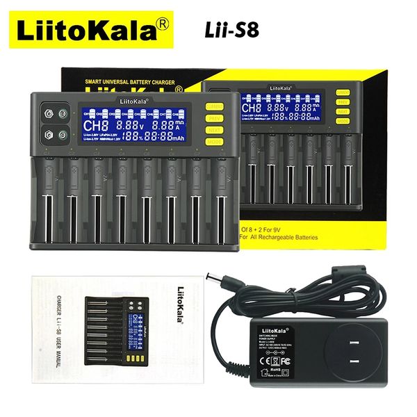 LiitoKala lii-S8 Chargeur de Batterie Li-ion 3.7V NiMH 1.2V Li-FePO4 3.2V IMR 3.8V Chargeurs pour 18650 26650 21700 26700 AAA