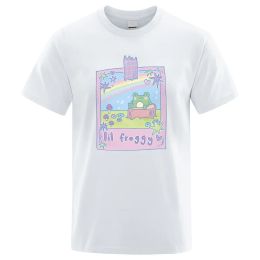 Lil Froggy sentado en una estaca de madera Cuenta de mano encantadora Camisetas Hombre Moda Vintage Camisetas Casual O-cuello