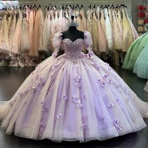 Lilac 3d Flowers Ball Jurk Quinceanera -jurken Puff met lange mouwen Prom jurken Bead Puffy Sweet 16 Masquerade jurk met vlinderdas 415