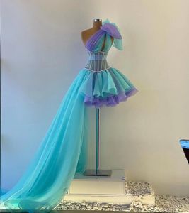 Lila en Mint Korte Prom Verjaardag Jurken met Lint Een Schouder Corset Top Tutu Rok Afstuderen Cocktail avondjurk