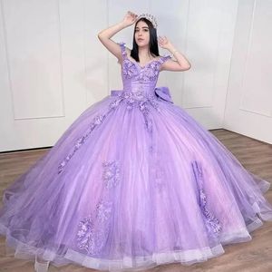 Robe De bal lilas Quinceanera, avec gros nœud, fleurs 3D appliquées, cendrillon, 16 robes De princesse, 2024