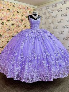 Lilac Butterfly Lace Quinceanera Dresses Spagheti Straps Floor Length Princess Sweet 16 Dress Corset Prom Occasion Gowns vestidos para 15 Anos