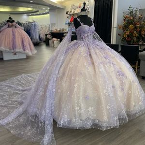 Lila Champagne Glanzende Prinses Quinceanera Jurken Met Cape Applique Lace-up Corset Prom Sweet 15 Jurk vestidos de 15 anos