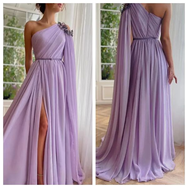 Mousseline de soie lilas pour dames élégantes robes de soirée formelles pour femmes robe avec panneau fente latérale une épaule longueur au sol une épaule a-ligne train