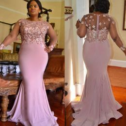 Lila kleur plus size bruidsmeisje jurken voor bruiloft appliques kralen pure lange mouwen zeemeermin bruidsmeisje jurken lange prom feestjurk