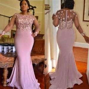 Lila Kleur Plus Size Bruidsmeisjekleding Voor Bruiloft Applicaties Kralen Sheer Lange Mouwen Mermaid Bruidsmeisje Toga Lange Prom Part251N