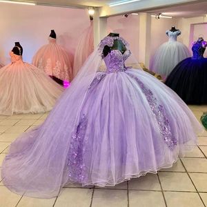 Lilac bloemige kant Quinceanera -jurken met cape sweetheart prinses puffy ball jurk lange tule prom brithdday 16 jurk vestido 15 anos
