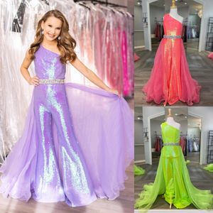 Lilas Girl Pageant Dress Jumpsuit 2023 Sequin Romper Flared Pants Organza Crystal Skirt Little Kid Birthday One-Shoulder Formal Party Gown Toddler Teens Preteen