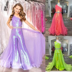 Lilac Girl Pageant Dress Jumpsuit 2023 Sequin Romper Flared Pants Organza Crystal Skirt Little Kid Birthday One-Shoulder Formal Pa213B