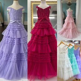 Lilas Girl Preteens Pageant Dress 2024 Shimmer Tulle Off-Shoulder Little Kid Anniversaire Robe de soirée formelle Infant Toddler Teens Tiny Young Junior Miss Ruffle Ballgown
