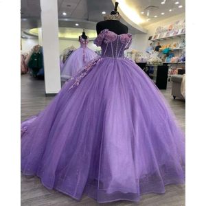 Lilac Illusion Pearls Perls Ball Robe Quinceanera Robes de l'épaule 3D Fleurs Appliques Corset Vestidos de 15 Anos 2024 322