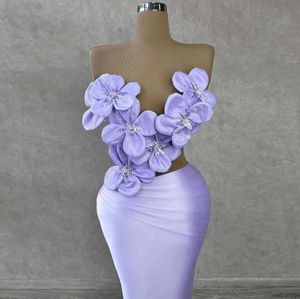 Lilas Lavande Robes De Soirée Sans Manches 3D Fleurs Perles Sans Bretelles Robes De Noche Parti Formelle Sexy Robe De Bal