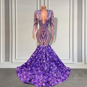 Lilas Lavande Robe de soirée à manches longues Col en V Paillettes scintillantes Filles noires Style sirène Lavande Longues robes de bal 2022 avec des fleurs 3D