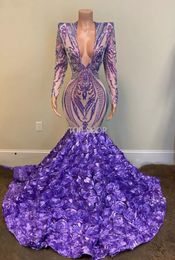 Lila Lavender Mermaid Avondjurken 2022 Prom Sparkly Sequin 3D Flowers V-hals Lange Mouw Afrikaanse Zwart Meisje Formele Prom Toga EE