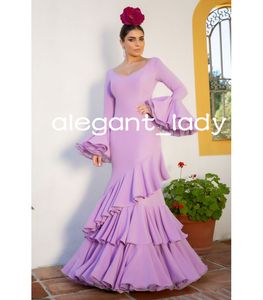Robes de soirée sirène lilas lavande avec manches longues robe de flamenca volants jupe robe de danse de bal porter